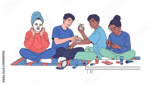 Four diverse friends gathered together enjoying a relaxed self care session painting nails and applying face masks at home