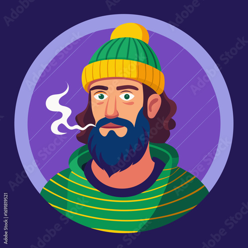 Bearded Man Smoking Illustration with Winter Cap