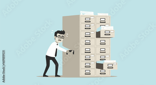 Stressed Office Worker Struggles with Overloaded Filing Cabinet