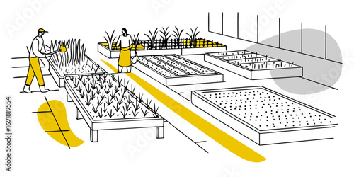 Farmer Working in Greenhouse – Agricultural Cultivation and Farming Illustration