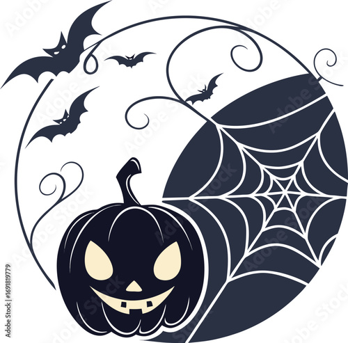 Halloween vector art of, a cartoon halloween logo featuring a grinning pumpkin with glowing eyes, perfect for festive designs and seasonal promotions