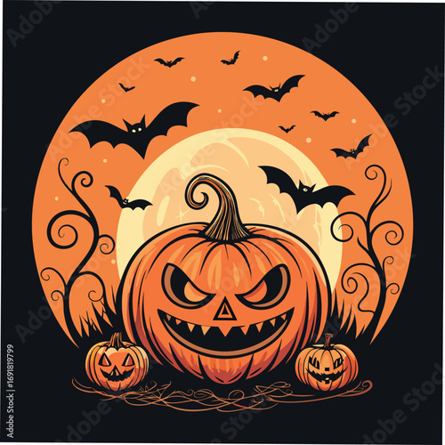 Halloween vector art of an eerie halloween scene with a large, menacing pumpkin in the foreground, surrounded by bats flying against a full moon, creating a spooky and festive atmosphere