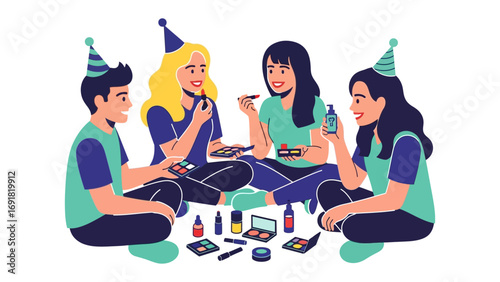 Four diverse friends wearing party hats sit in a circle applying makeup together during a fun celebration or slumber party activity