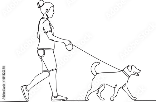 Line drawing of a person walking a dog on a leash vector