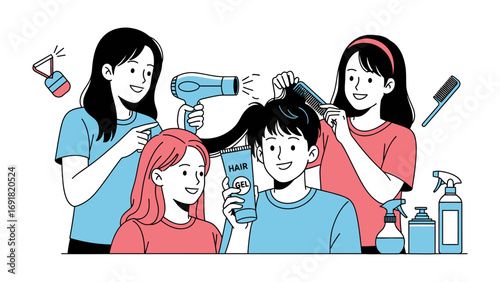 Two smiling women are styling the hair of a young girl and a boy with a hairdryer and comb in a bright clean salon setting