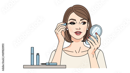 Young woman applying mascara to her eyelashes while holding a compact mirror focusing on beauty and makeup routine preparation