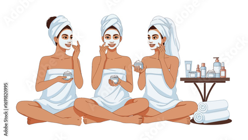 Three young women with towels wrapped around their heads and bodies applying face masks and holding skincare products in a spa setting