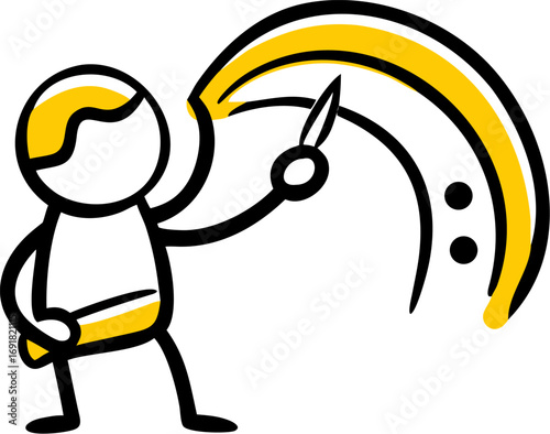 Creative stick figure artist drawing vibrant yellow rainbow with brush stroke design element