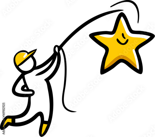 Catching dreams concept with playful character reaching for smiling star, motivation and achievement