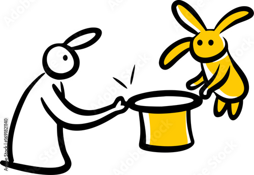 Delightful magic show with rabbit emerging from the hat, fantasy and fun illustration