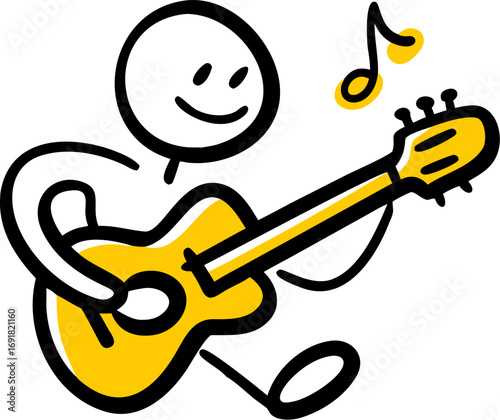 Joyful stick figure serenading with a yellow guitar and musical notes for upbeat, cheerful vibes