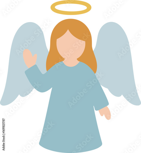 Flat Illustration Smiling Angel Character with Golden Halo and Wings Design