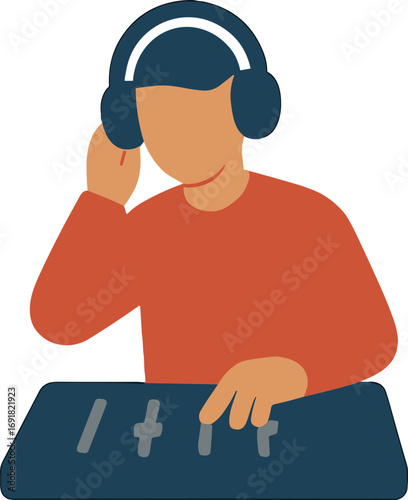 Flat Style DJ Mixing Console Illustration with Headphones Listening to Music