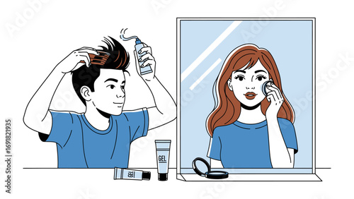 Young man applying hair product in front of mirror while woman with red hair applies makeup and talks on phone reflected
