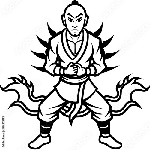 Powerful Monk Mascot with Fire Aura, a Martial Arts Vector Logo