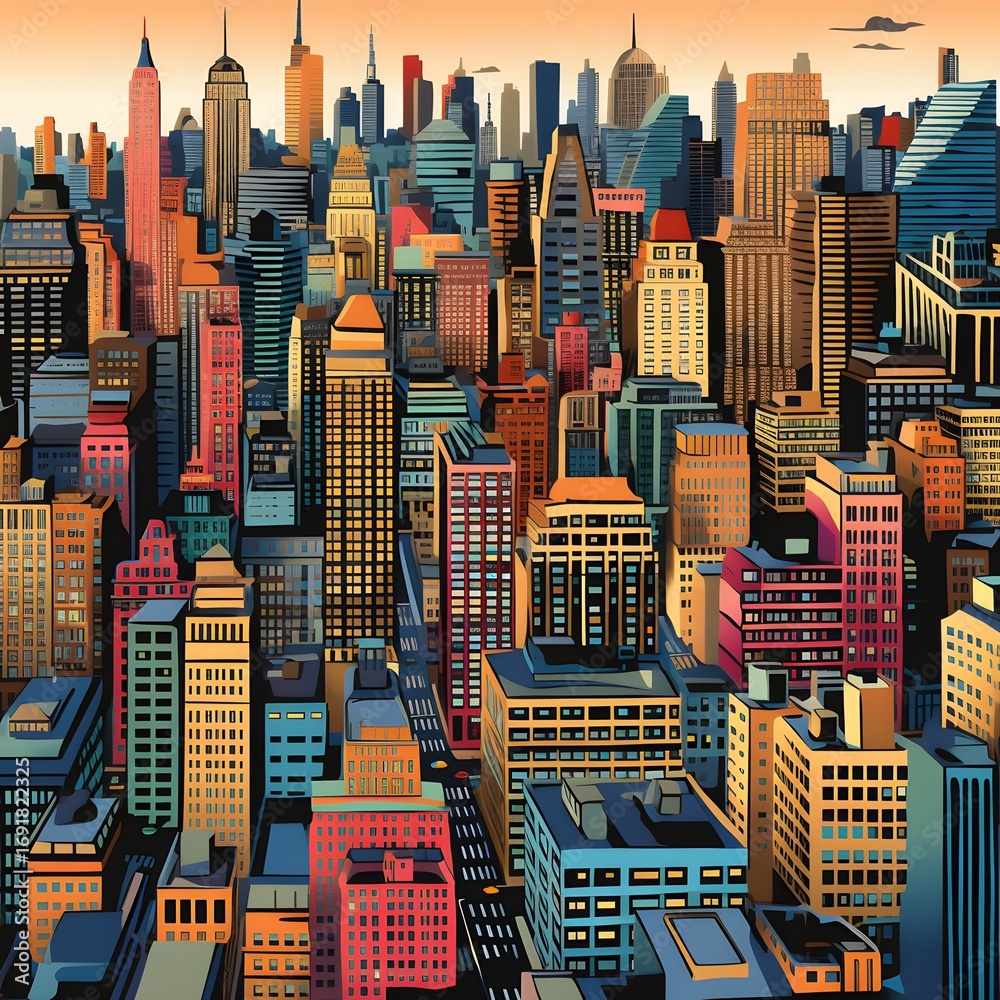 Obraz premium Abstract colorful cityscape skyline with stylized tall buildings, symbolizing creativity, lifestyle, architecture and modern urban life, a decorative illustration merging abstraction with city geometr