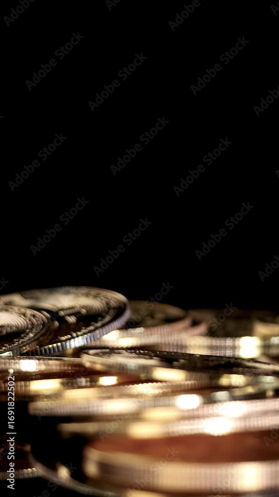 Golden Cryptocurrency Tokens Dropping Onto Reflective Black Surface Golden Cryptocurrency Tokens Dropping Onto Reflective Black Surface