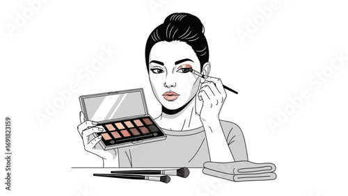 Young woman applying eyeshadow with a brush from a makeup palette focused expression beauty and cosmetic routine self care concept