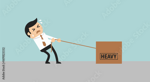 Cartoon Businessman Struggling to Pull a Heavy Box with Rope