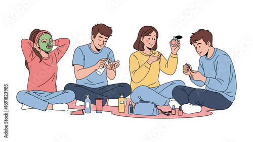 Four young friends are enjoying a fun and relaxed skincare and makeup session together applying masks and cosmetics in a casual setting