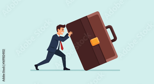 Businessman Pushing a Large Brown Leather Briefcase with Handle and Latch