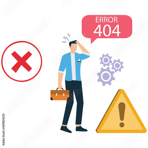 A frustrated man encounters an error 404 message, isolated on white background the error is accompanied by symbols of failure and malfunction