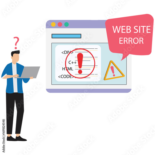 A person with a laptop looks at a web page with a website error message, symbolizing website issues and technical difficulties isolated on white background