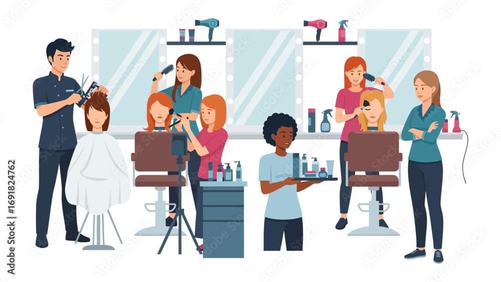Fototapeta premium Diverse group of stylists and clients interacting in a modern hair salon with mirrors and tools illustrating beauty services and professional haircuts