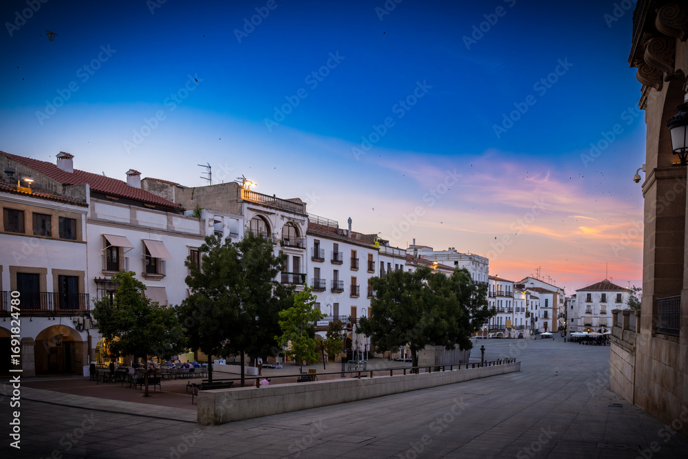 Obraz premium Vista panorámica del casco histórico de la ciudad española de Cáceres con vistas a los tejados de tejas marrones de edificios antiguos alrededor de la plaza principal en el soleado día de verano