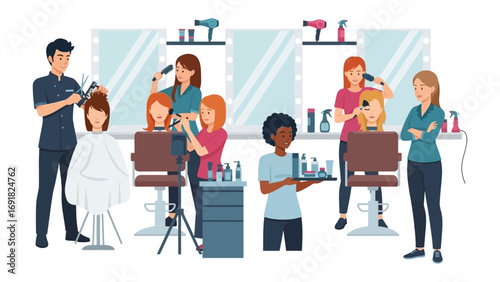 Diverse group of stylists and clients interacting in a modern hair salon with mirrors and tools illustrating beauty services and professional haircuts