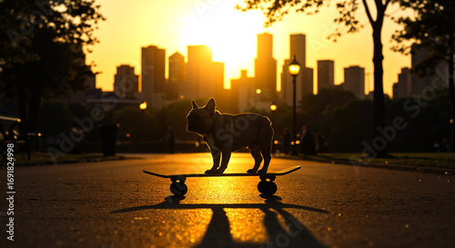 French Bulldog standing on a skateboard during sunset with a city skyline in the background
