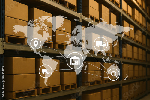 Warehouse storage with global logistics and delivery network concept