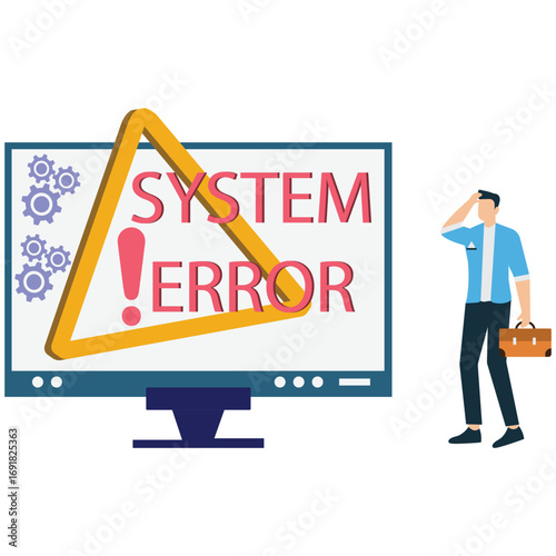 A frustrated technician stands before a computer screen displaying a system error message, isolated on white background he looks stressed and confused
