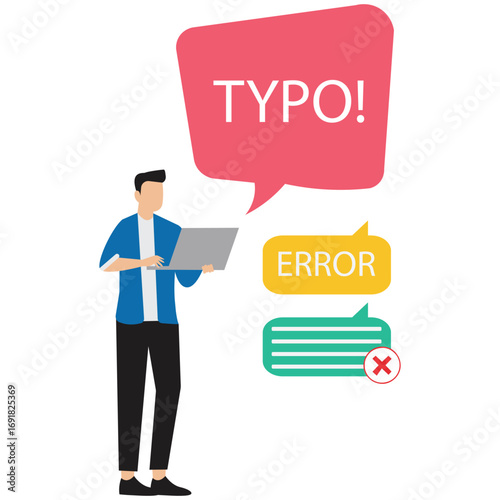 A person holding a laptop is surrounded by speech bubbles indicating errors and typos, isolated on white background the individual looks concerned