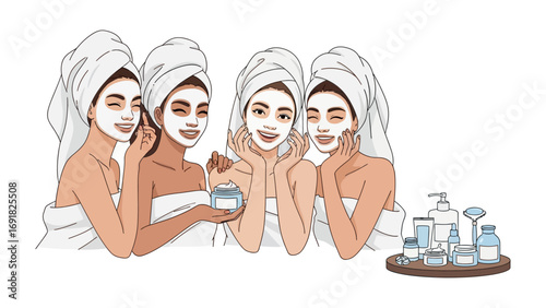 Four diverse young women with white towels wrapped around their heads applying facial cream for skincare and beauty treatments together