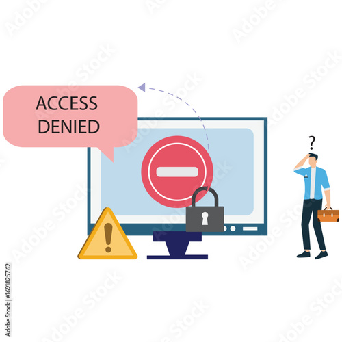 Illustration of a man standing next to a computer screen displaying an access denied message isolated on white background concept of security error