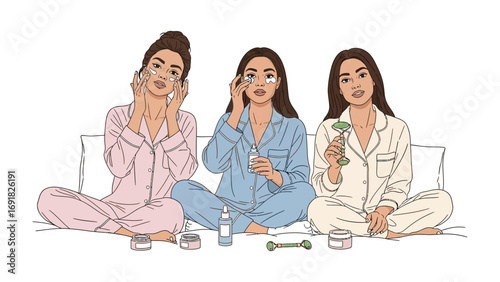 Three young women in pajamas applying skincare products and facial masks while sitting on a bed enjoying a self care beauty routine at home