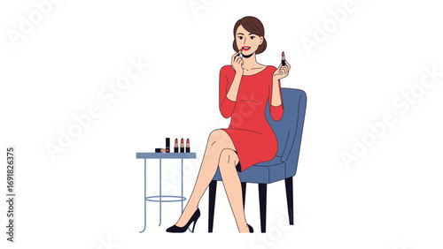 Elegant young woman in a red dress applying lipstick while sitting on a blue chair with makeup products on a side table