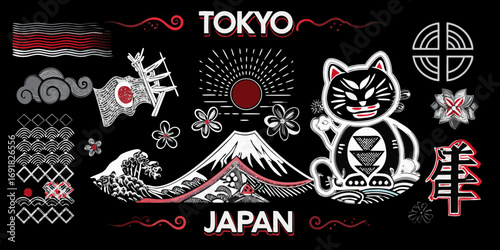 Collage of japanese cultural symbols including tokyo japan mount fuji a waving flag and a lucky cat
