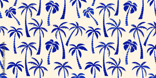 Seamless pattern of blue palm trees on a cream background evoking a tropical summer vibe