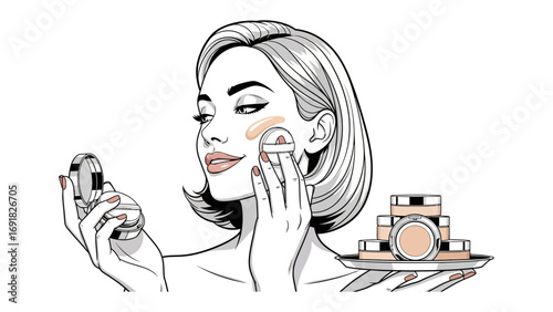 Stylish woman applying foundation with a puff looking in a compact mirror surrounded by makeup products on a tray black and white illustration