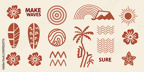 Collection of hawaiian and surf inspired graphic elements with tropical motifs and text