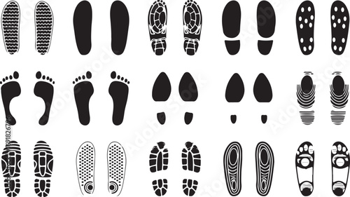 Footprint Vector Set – Shoeprint, Step, Walk, Path, Track, Symbol, Black, Minimal, Outline, Flat, Art, Design, Illustration, Creative, Abstract, Collection, Icon, Foot, Mark, Sign