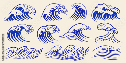 Collection of stylized blue japanese wave illustrations on a cream background
