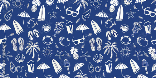 Whimsical white hand drawn summer vacation icons scattered on a deep blue background seamless pattern