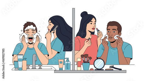 Diverse individuals applying makeup and skincare products in a split screen reflecting personal grooming routines and self care practices