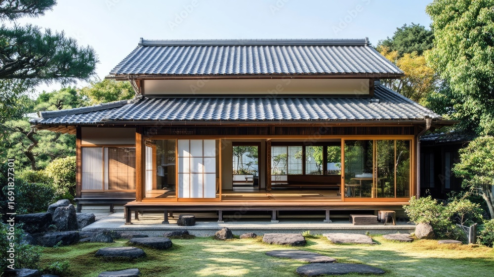 Obraz premium Serene Japanese House in Tranquil Garden