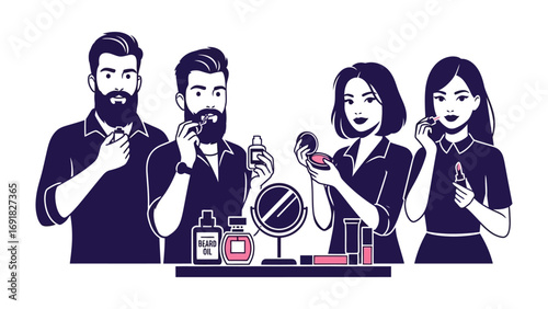 Modern grooming and beauty routine for diverse individuals showcasing skincare and makeup products for men and women in a clean studio setting