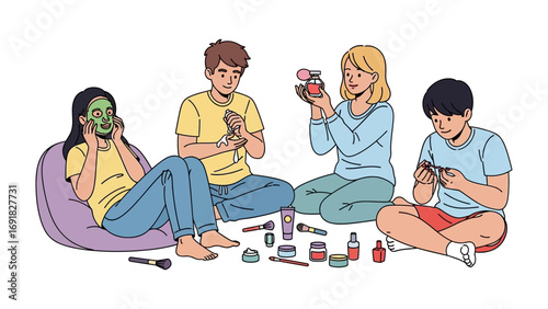 Four young friends gathered together applying makeup and skincare products for a fun beauty session and self care activity