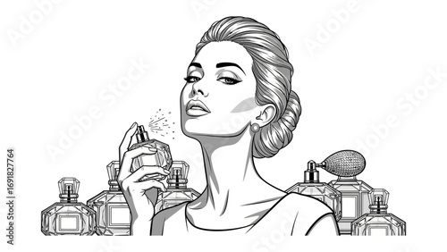 Elegant retro woman with vintage perfume bottles applying fragrance with a sophisticated pose and classic hairstyle in a black and white illustration